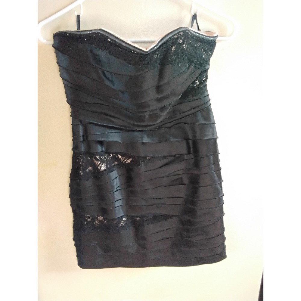Bebe Womens Black Satin Tiered Lace Strapless‎ Mini Dress Sweetheart Size S